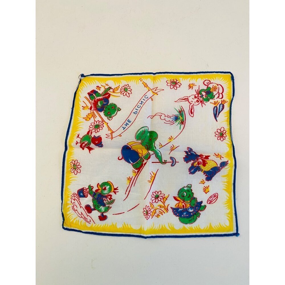 Vintage Child's Hankie from the 1940s, The Picnic Whimsical Novelty Print Hankie - Picture 3 of 8